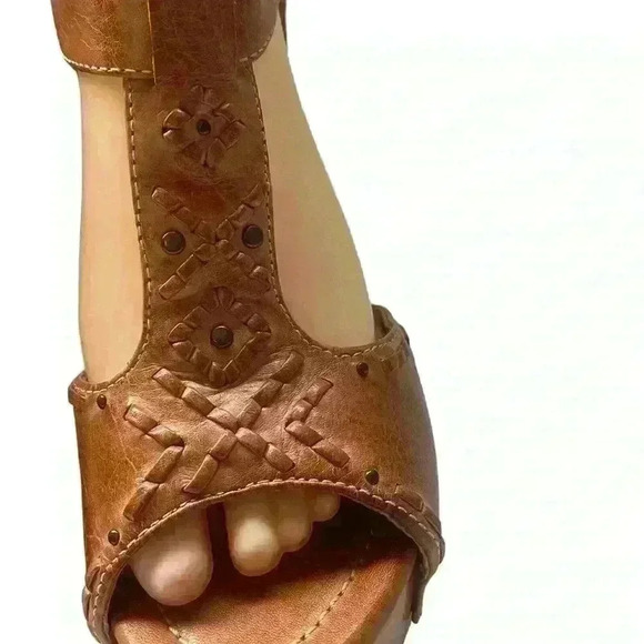 FRYE Fran X Stich Women Platform Brown Leather Wooden Heels Sandals Size 8.5 M - Picture 6 of 11